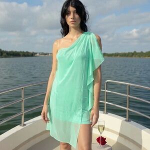 NWT BEBE One shoulder DRESS aqua Sz XXS Great for wedding, parties, holidays!